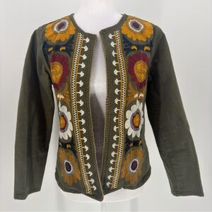Tennis Embroidered Boho Floral Jacket S Olive Green Open Front Folk Art Festival